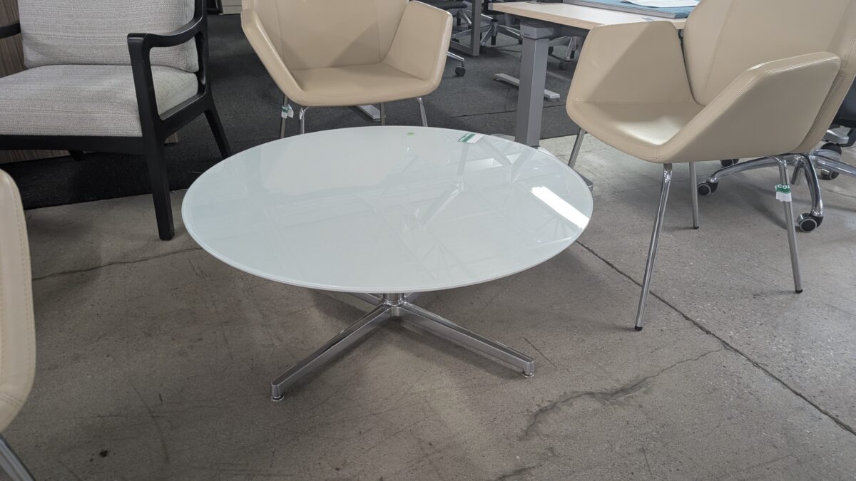 Round White Glass Coffee Table with Chrome Base photo