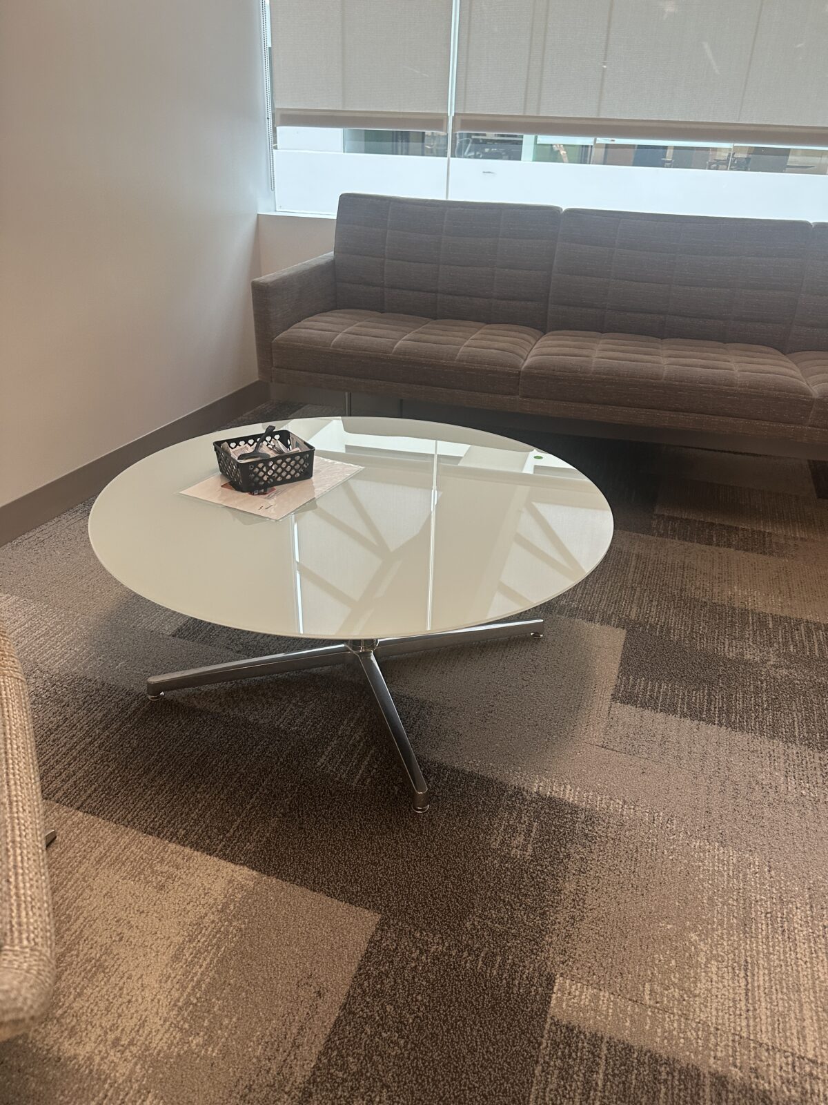 Round White Glass Coffee Table with Chrome Base photo