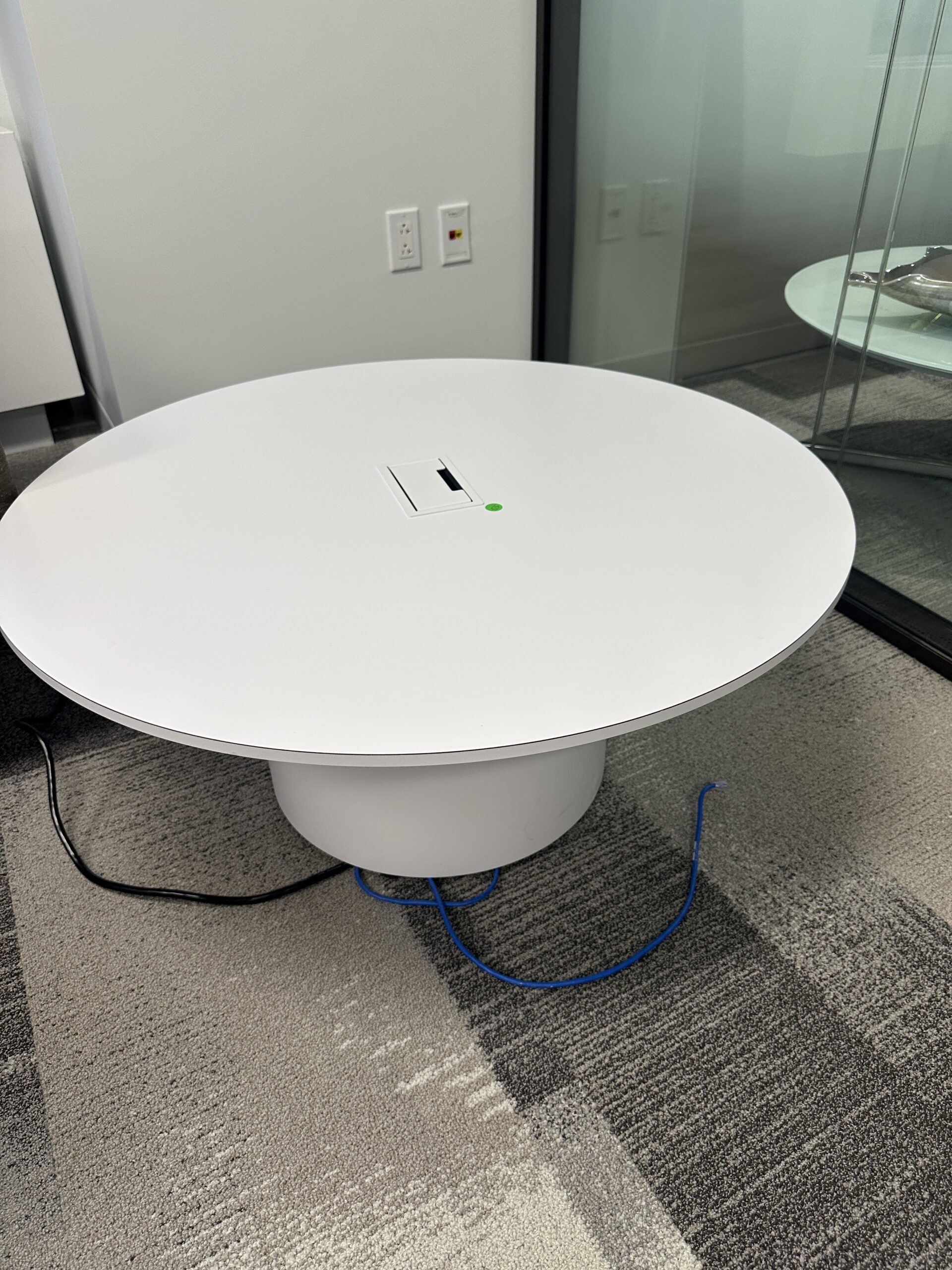 Round White Laminate Coffee Table with Grommet
