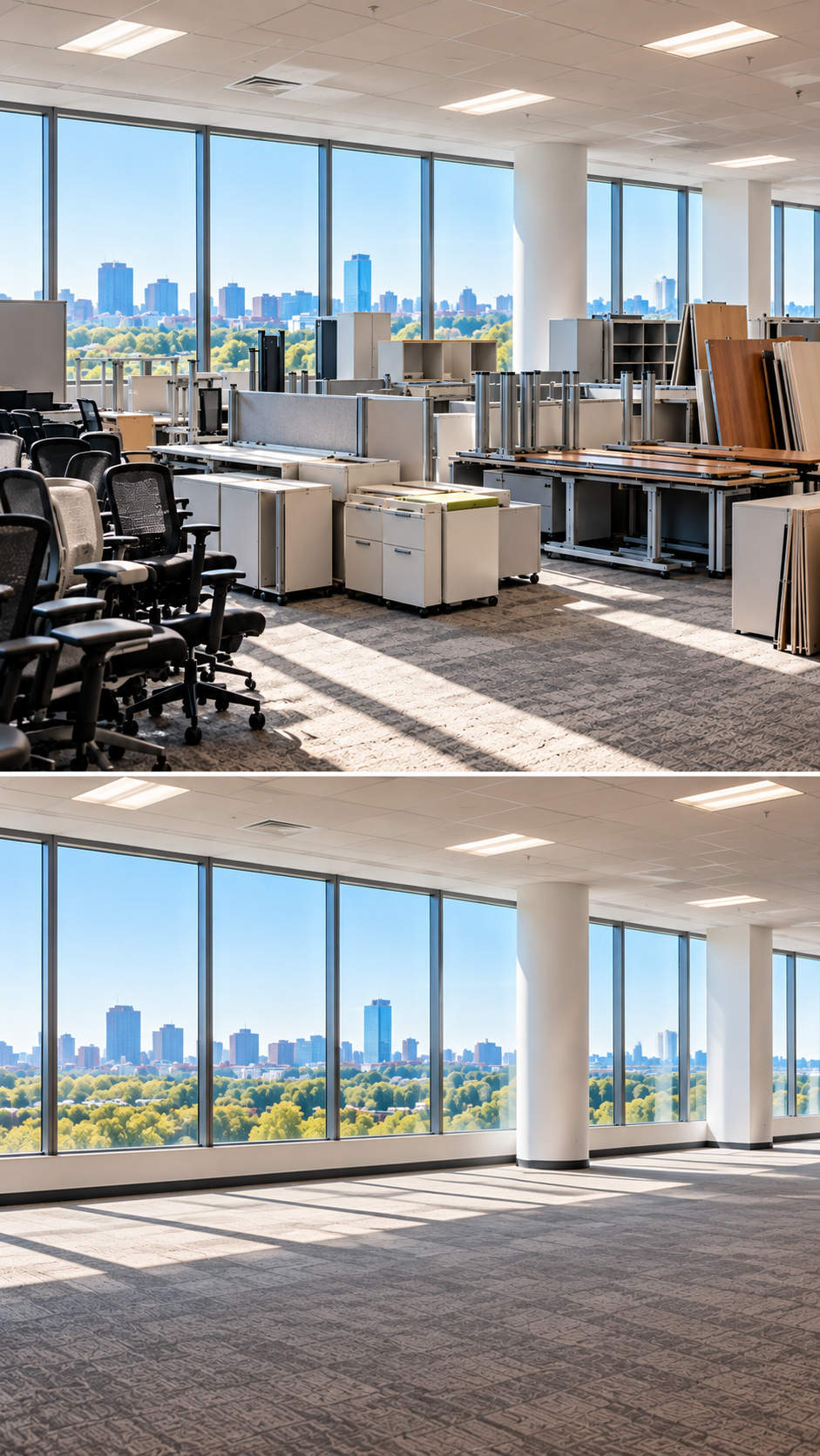 Before and after office furniture liquidation showing a fully furnished office cleared and emptied.