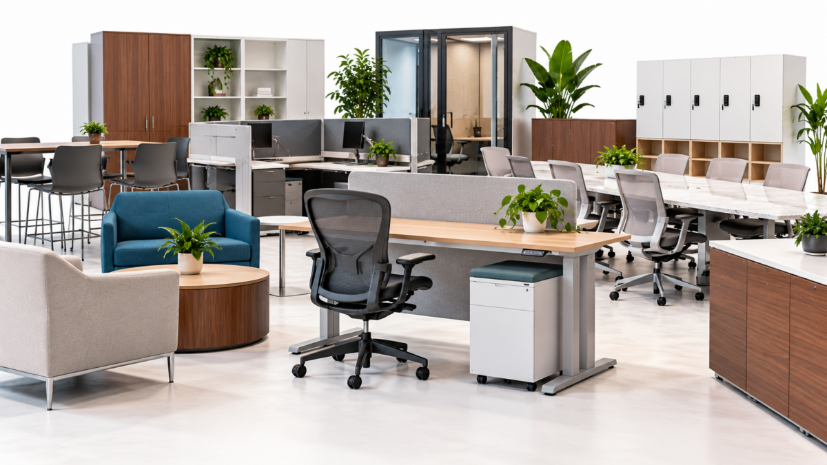 Office furniture product gallery featuring workstations, desks, chairs, tables, storage, and lounge seating